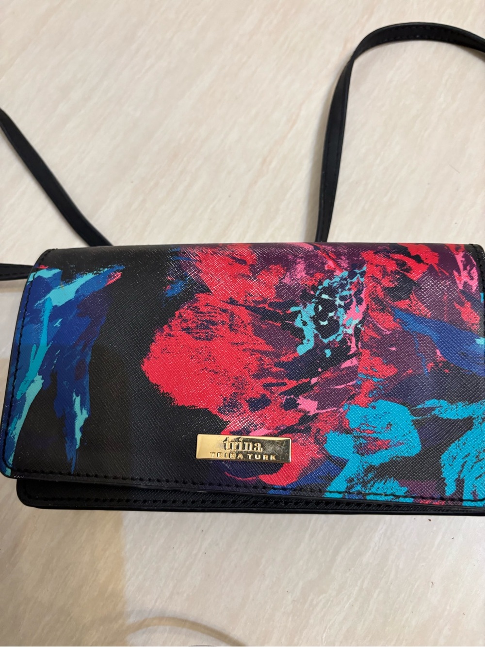 Trina Turk Black Crossbody Bag with Red and Teal Floral Print